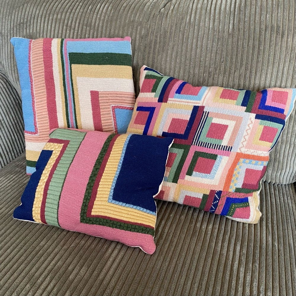 Vintage Geometric Needlework Pillows Handmade Set Of 3 Lumpy